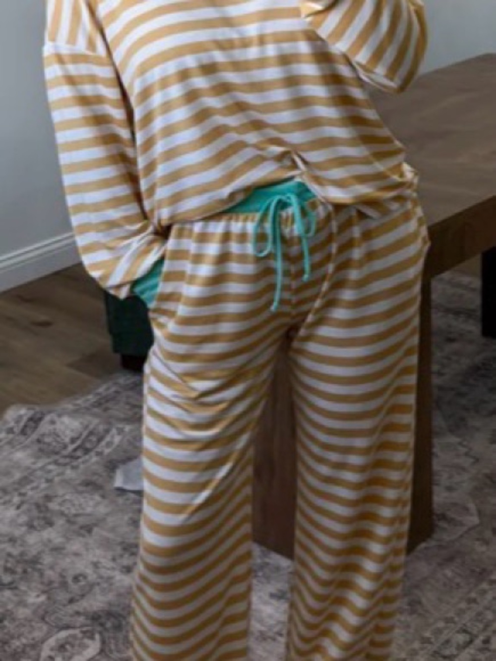 Women's Yellow and White Striped Set with Teal Drawstring